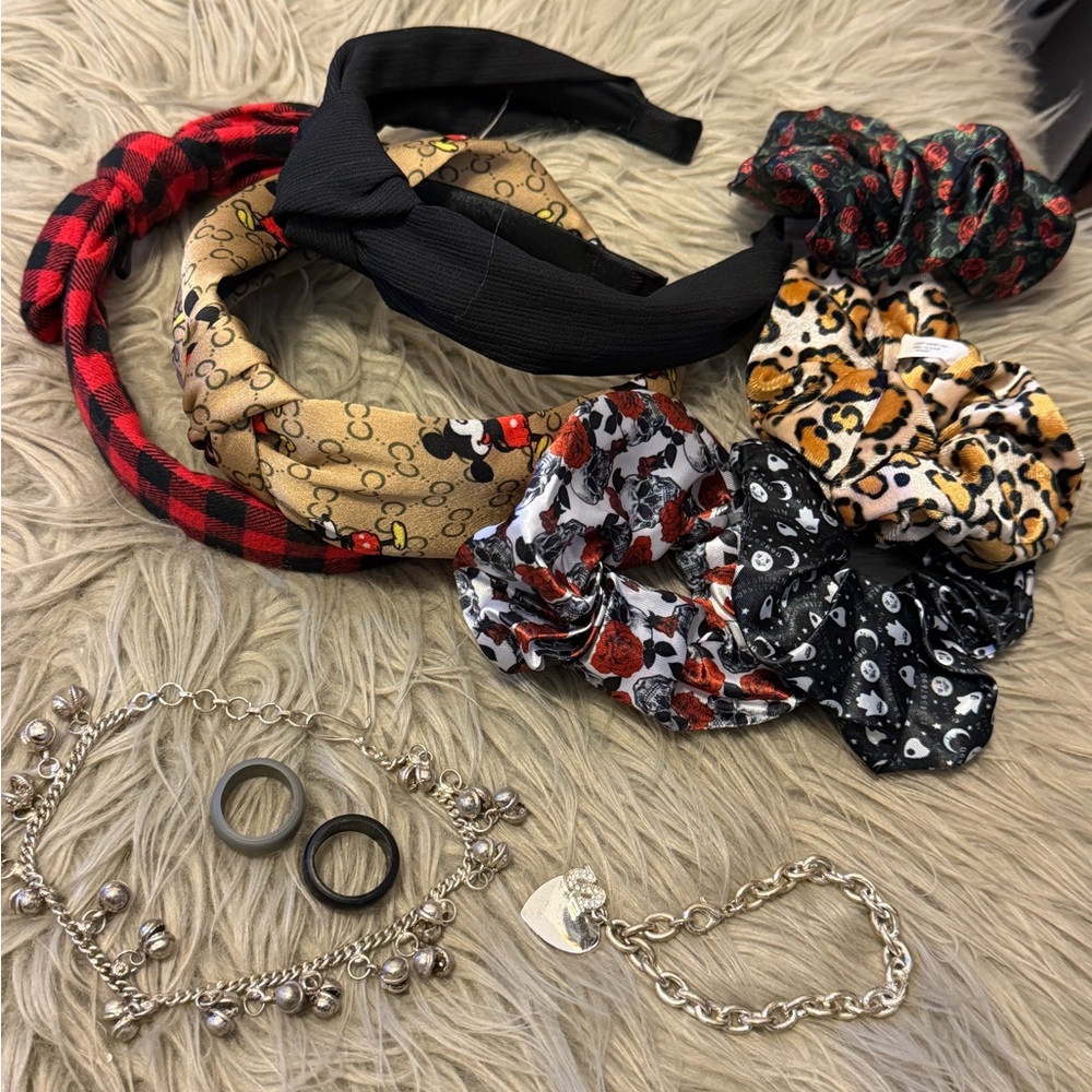 Assorted Hair Accessories and Silver Bracelets